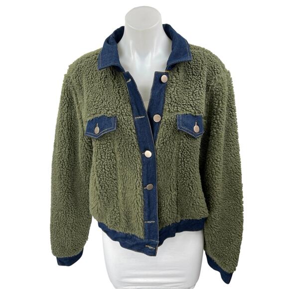 Brooklyn Karma Green Blue Denim Sherpa Fleece Collar Button Down Coat Jacket M - Picture 1 of 5